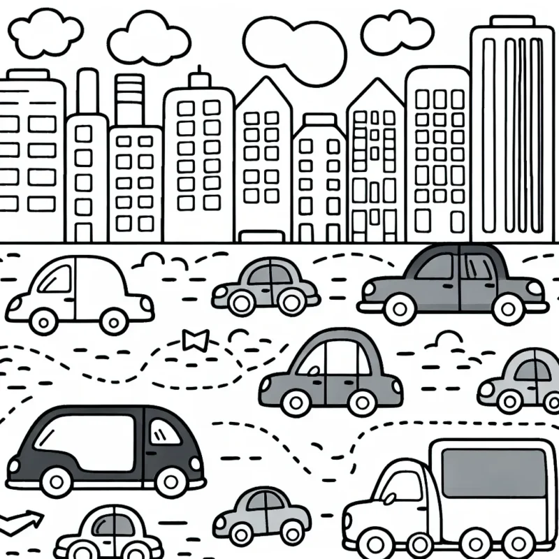 Dépeint une scène animée en ville avec des voitures de différentes formes et tailles se déplaçant dans diverses directions.