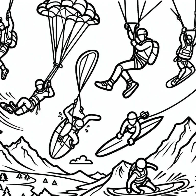 Imagine un dessin dynamique qui illustre les différents sports extrêmes. Il pourrait contenir du sport de montagne comme de l'escalade ou du saut à l'élastique, des sports aquatiques comme le surf ou le kayak, et des sports aériens comme le base jump ou le parapente.