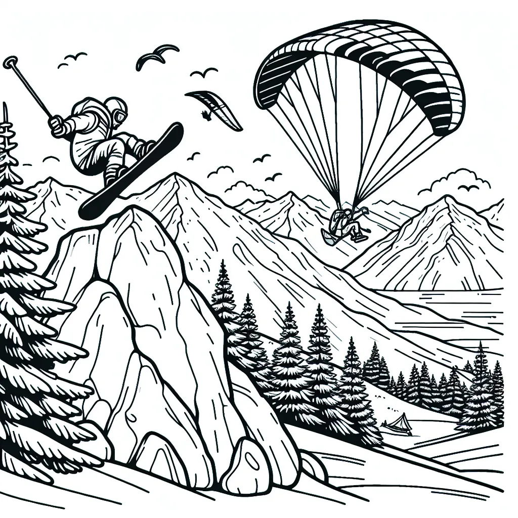 Une scène d'action bourrée d'adrénaline sur une pente de montagne avec un snowboardeur effectuant un saut risqué par-dessus un grand rocher, tandis qu'un parapentiste survole le tout, avec des montagnes en arrière-plan.