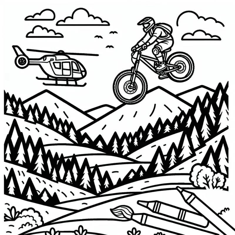 Dessine un cycliste faisant une saut impressionnant en VTT dans un paysage montagneux, avec un hélicoptère survolant la scène