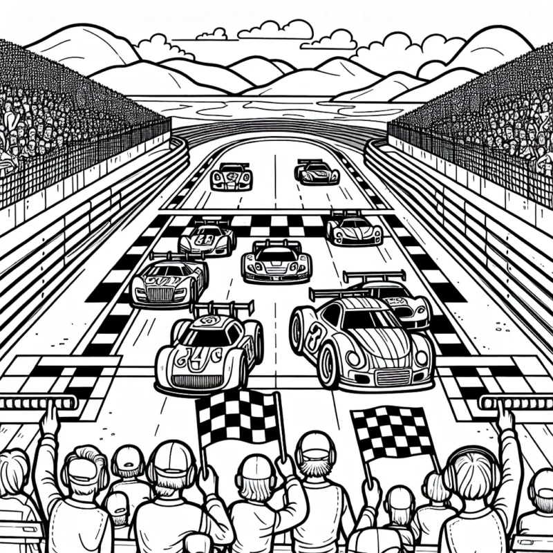 Un circuit de course animé où différentes voitures de course se préparent à un départ brûlant. Le dessin devrait également avoir des gradins remplis de spectateurs et un beau paysage en arrière-plan.