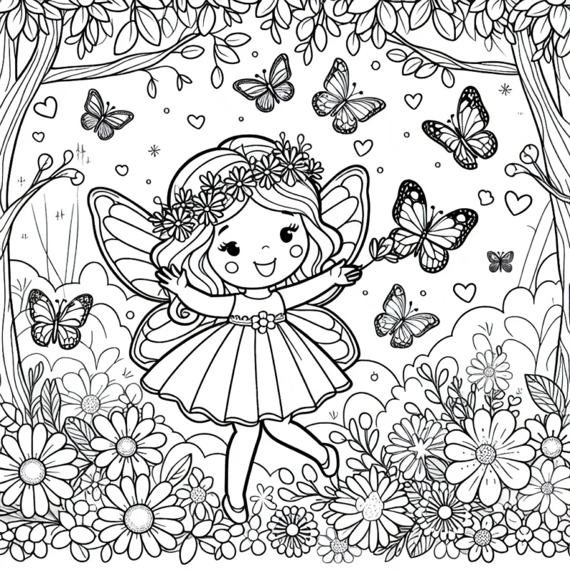 Une petite fée élégante et joyeuse joue avec des papillons colorés et des fleurs lumineuses dans une charmante forêt enchantée.