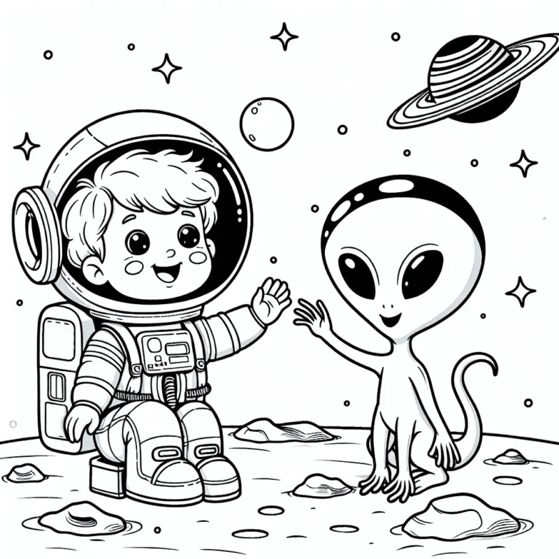 Un jeune astronaute jouant avec un alien sympathique sur une planète lointaine