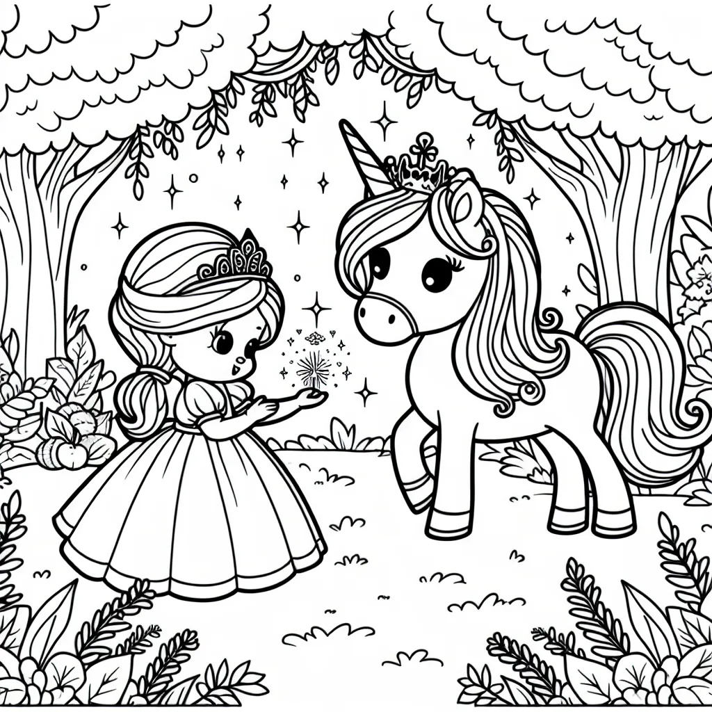 Image à colorier représentant une petite princesse jouant avec un poney magique dans un jardin enchanté