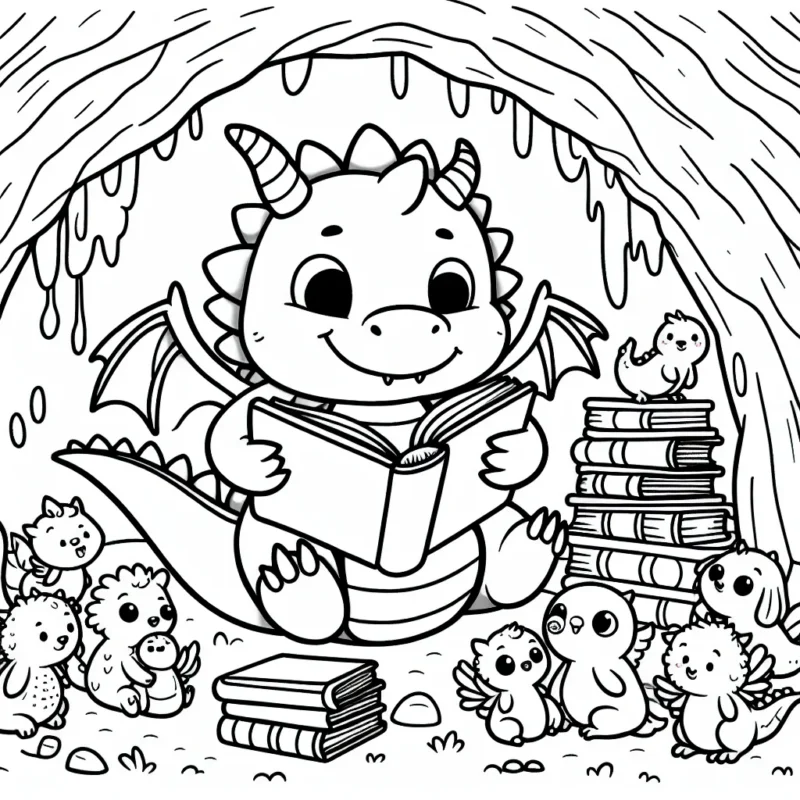 Un joyeux dragon lit une pile de livres dans sa caverne, entouré de petits animaux forestiers attentifs.