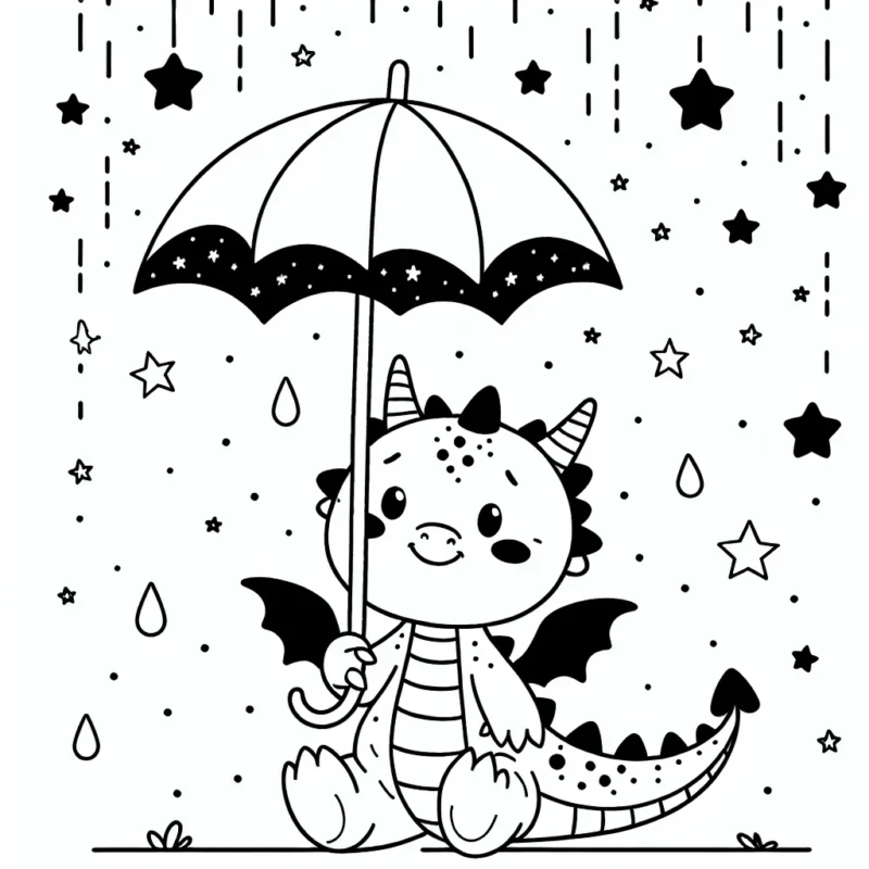 Un gentil dragon tenant un parapluie sous une pluie d'étoiles filantes