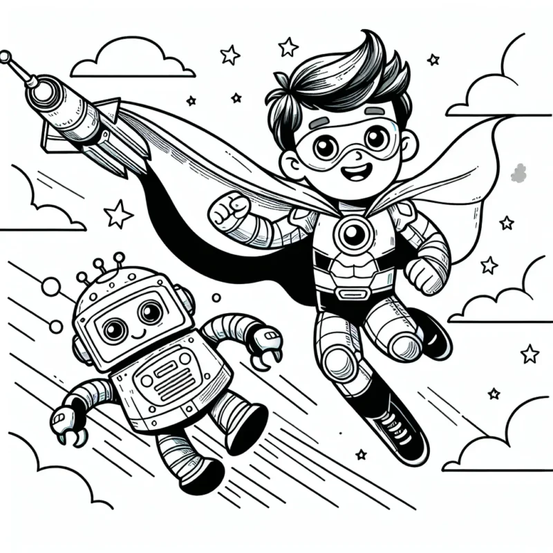 Un petit garçon super-héros volant dans le ciel avec son animal de compagnie robot