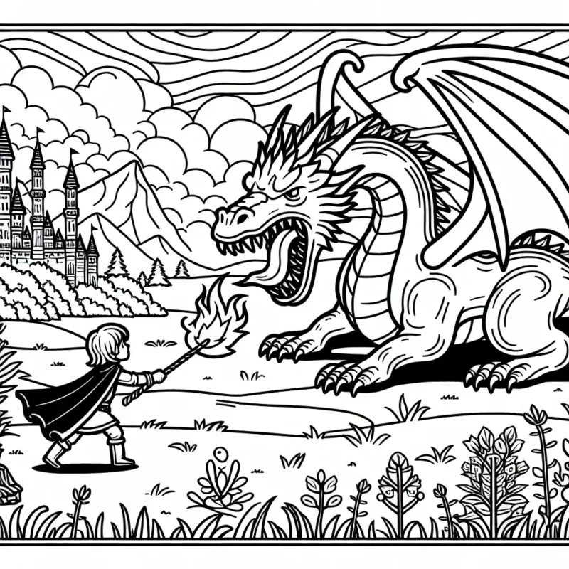 Un petit garçon courageux tente de maîtriser un grand dragon cracheur de feu dans un paysage médiéval fantastique.
