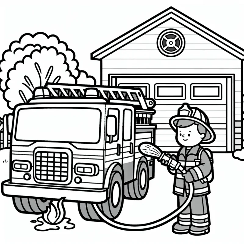 Un camion de pompier devant une caserne, avec un pompier qui arrose un petit incendie