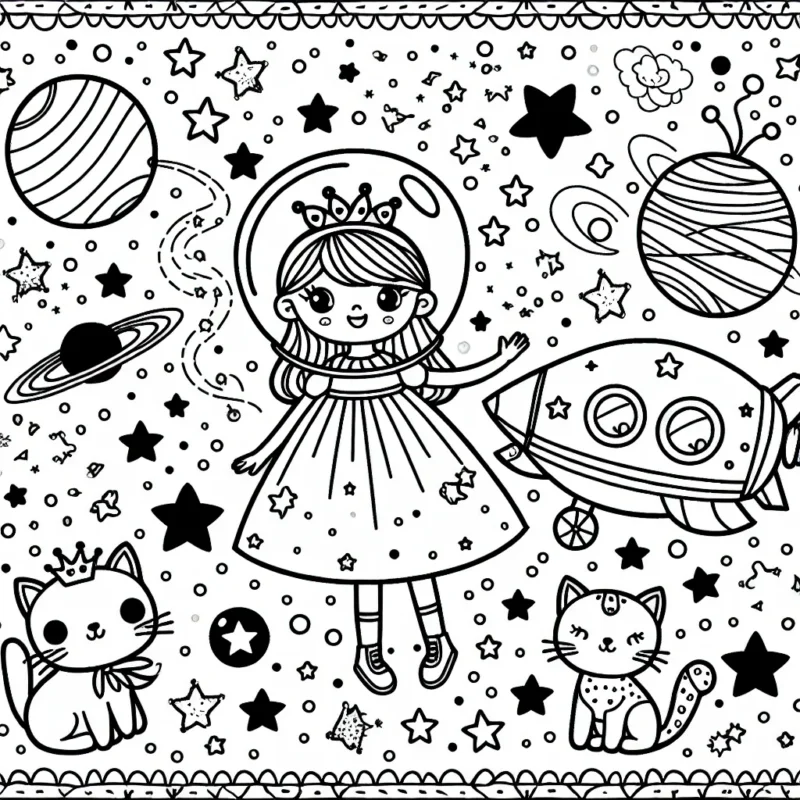 Une princesse galactique avec son vaisseau spatial rose entourée d'étoiles, de planètes colorées et de chatons spatiaux mignons.