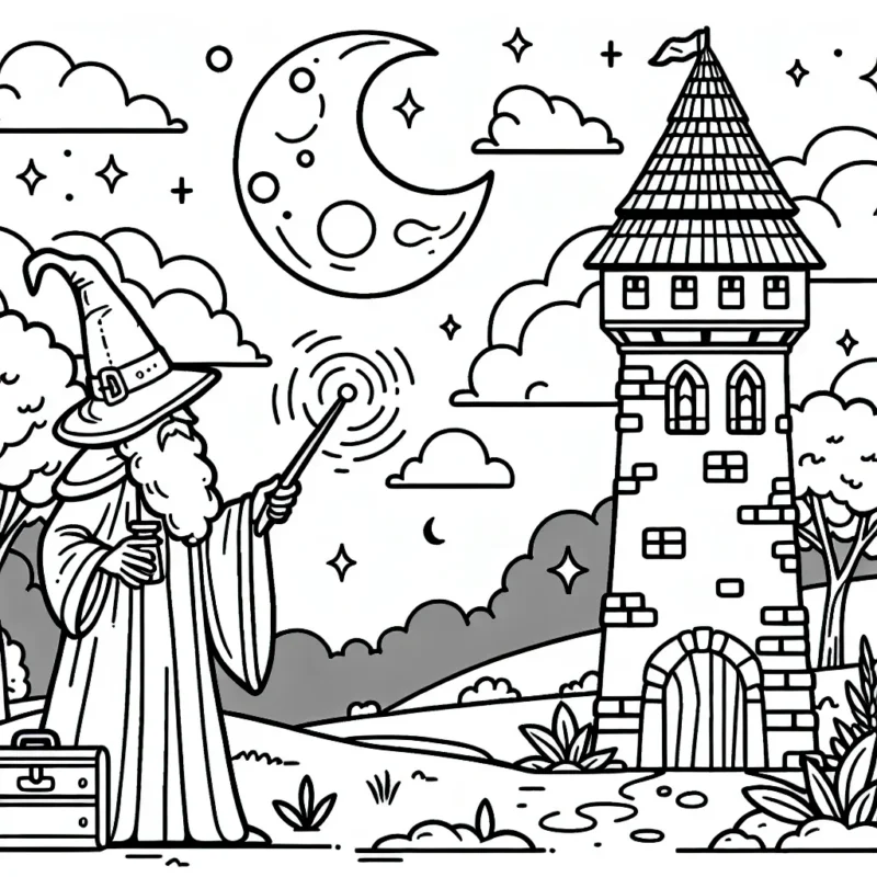 Un sorcier effectue un sortilège magique au clair de lune à côté d'une mystérieuse tour ancienne