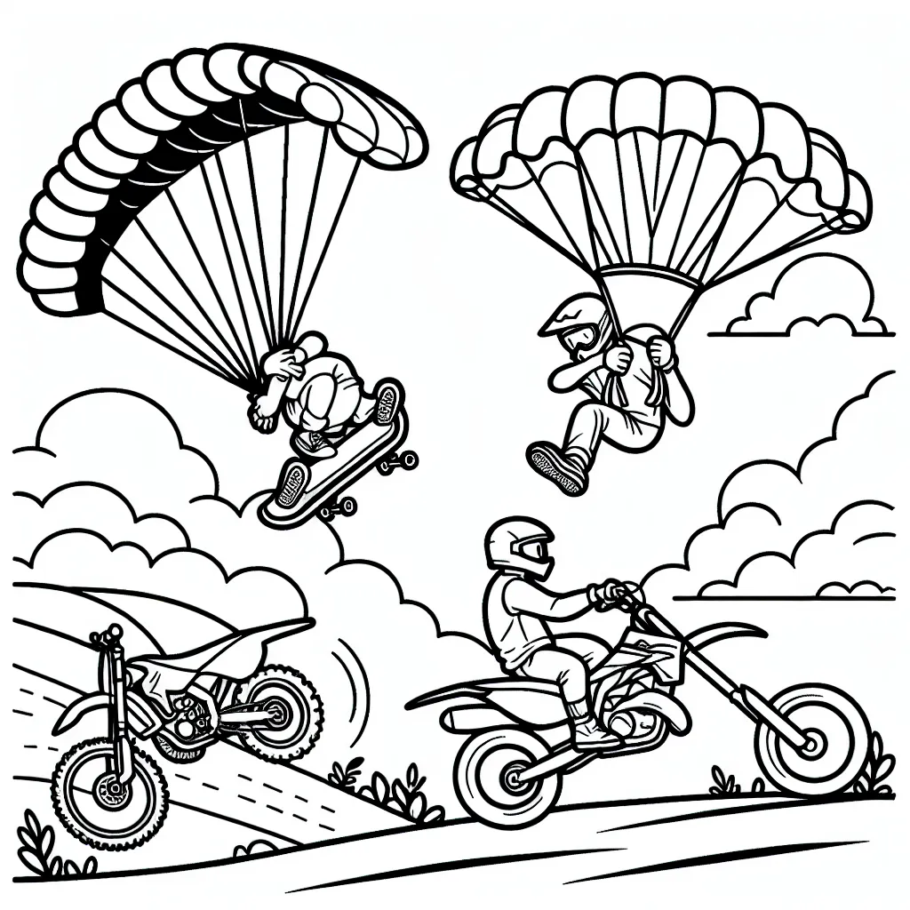 Visualisez un skateboarder s'élançant pour un saut, tandis qu'un parachutiste atténue son atterrissage en arrière-plan et une moto-cross profite d'une colline pour effectuer une acrobatie époustouflante. Dans le ciel, un deltaplane vole paisiblement, prêt à plonger dans le vent!