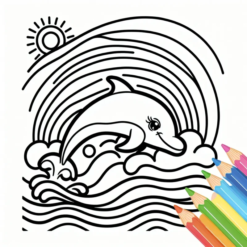 Un dauphin qui fait du surf sur une vague arc-en-ciel