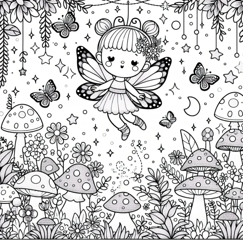 Une adorable petite fée aux ailes de papillon virevolte dans un jardin magique, peuplé de fleurs, de champignons de couleurs vives et d'étoiles scintillantes.