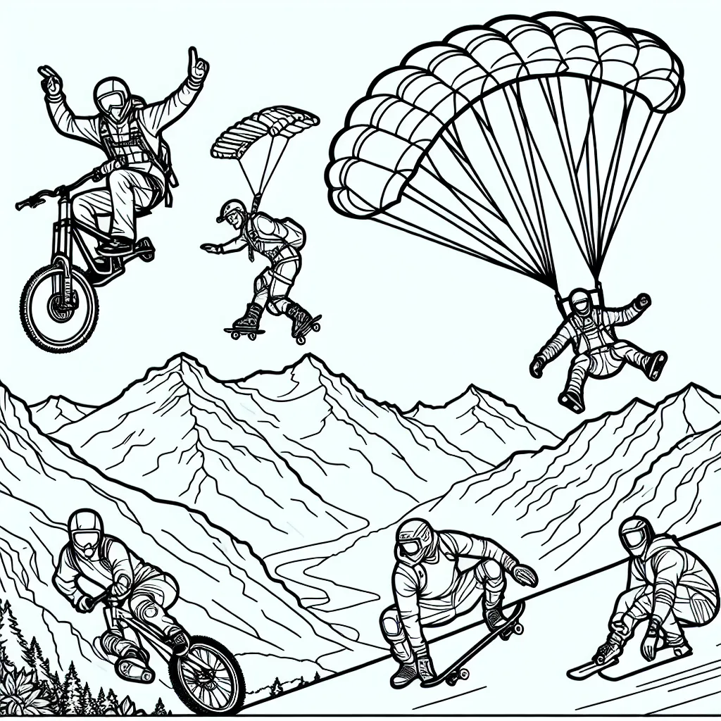 Dans ce scénario de coloriage, des sportifs de l'extrême sont en pleine action ! Parachutistes plongeant des hauteurs, skaters exécutant des trucs spectaculaires et des motards défiant la gravité. Ajoutez à cela un paysage montagneux époustouflant et c'est l'excitation pure!