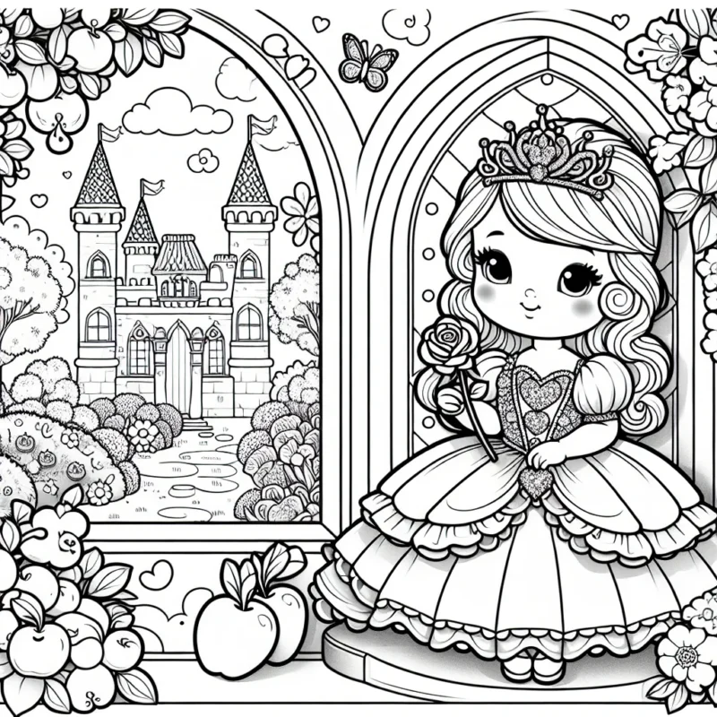 Une petite princesse vêtue d'une magnifique robe bouffante est assise sur un trône élégant dans son château. Elle tient délicatement une rose étincelante dans sa main, un papillon coloré reposant doucement sur celle-ci. Dehors, le jardin royal est en pleine floraison, avec des arbres aux fruits juteux et de superbes fleurs aux multitudes de couleurs.
