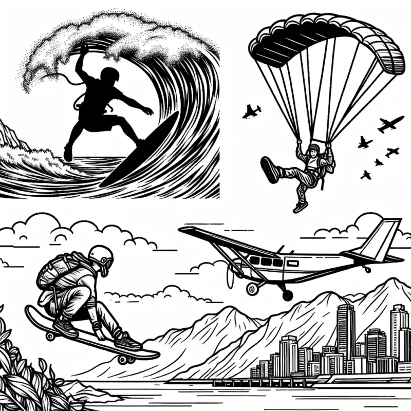 Dessine un surfeur équilibrant sur une vague gigantesque, un parachutiste sautant d'un avion au-dessus des montagnes et un skateur effectuant une manœuvre audacieuse dans un skatepark urbain.