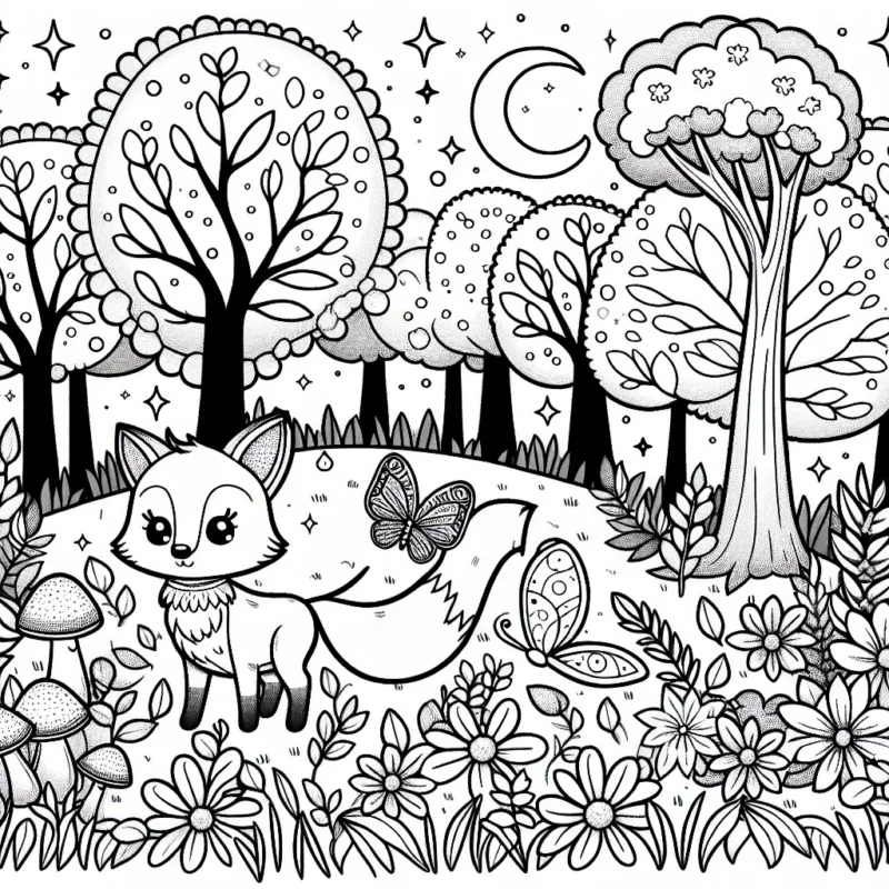Un petit renard est perdu dans une forêt enchantée ornée de fleurs magnifiques. Il est à la recherche d'un amical papillon pour le guider vers sa maison. Autour d'eux, des arbres majestueux aux troncs épais et des buissons denses sont parsemés de champignons colorés et de pierres précieuses scintillantes. Dans le ciel, on aperçoit une belle lune et des étoiles étincelantes. Aide le petit renard à retrouver son chemin en ajoutant de la couleur à son aventure!