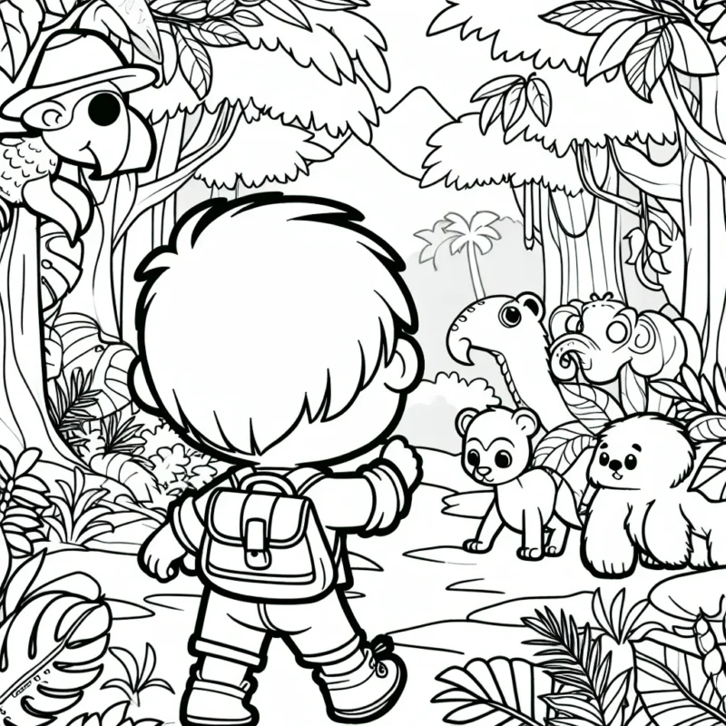 Un petit garçon aventurier explore une jungle mystérieuse peuplée d'animaux exotiques.