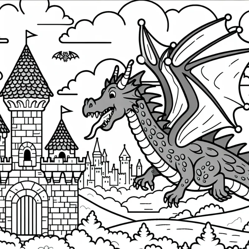 Dessin à colorier d'un dragon volant au-dessus d'un château médiéval