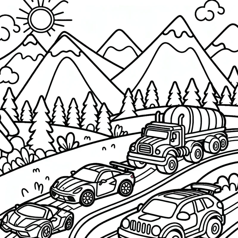 Dessine une fantastique course de voitures avec des voitures de différents types : voiture de sport, voiture familiale, voiture électrique et monster truck sur un chemin sinueux entouré de montagnes et de forêt. N'oublie pas le soleil qui brille dans le ciel et les supporters enthousiastes agitant leurs drapeaux sur le côté de la route.
