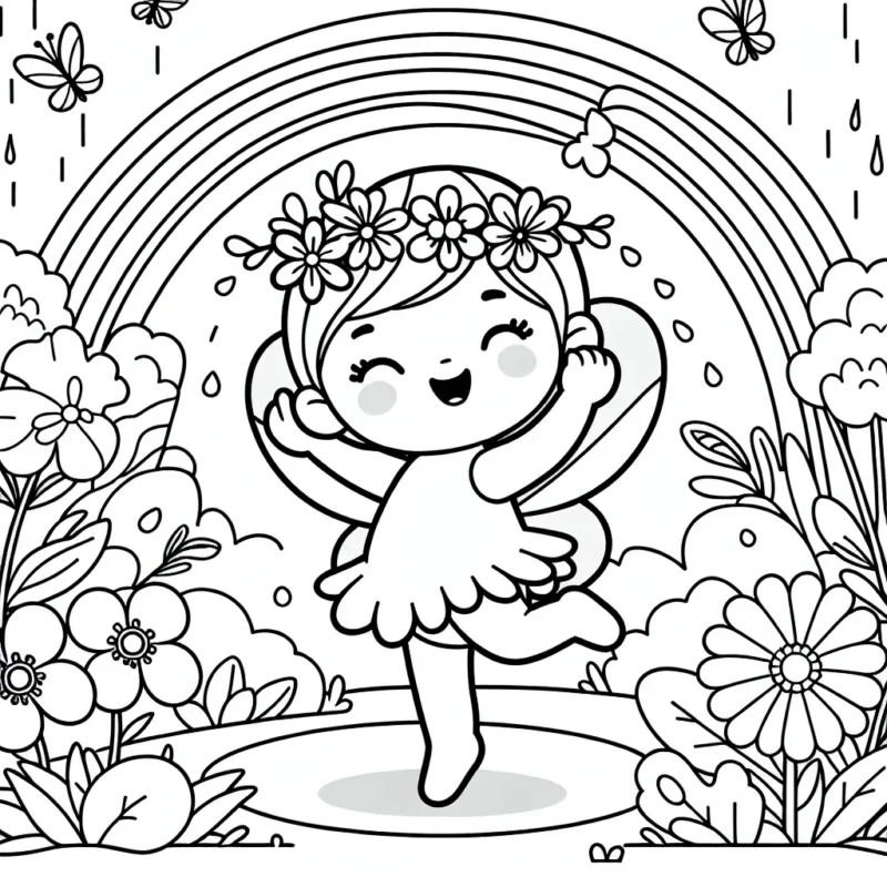 Une petite fée danse joyeusement dans un jardin fleuri sous un arc-en-ciel brillant.