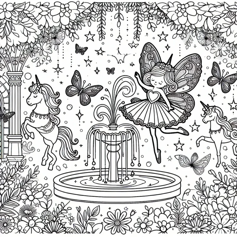 Une petite fée avec des ailes scintillantes dansant autour d'une fontaine sacrée dans un jardin enchanté plein de fleurs, de licornes et de papillons colorés.