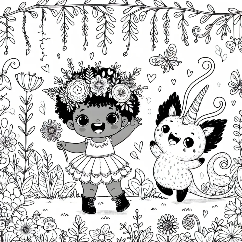 Une adorable petite fille joue avec un mystérieux animal féerique dans un jardin enchanté, parsemé de fleurs diverses et de petites créatures amusantes.
