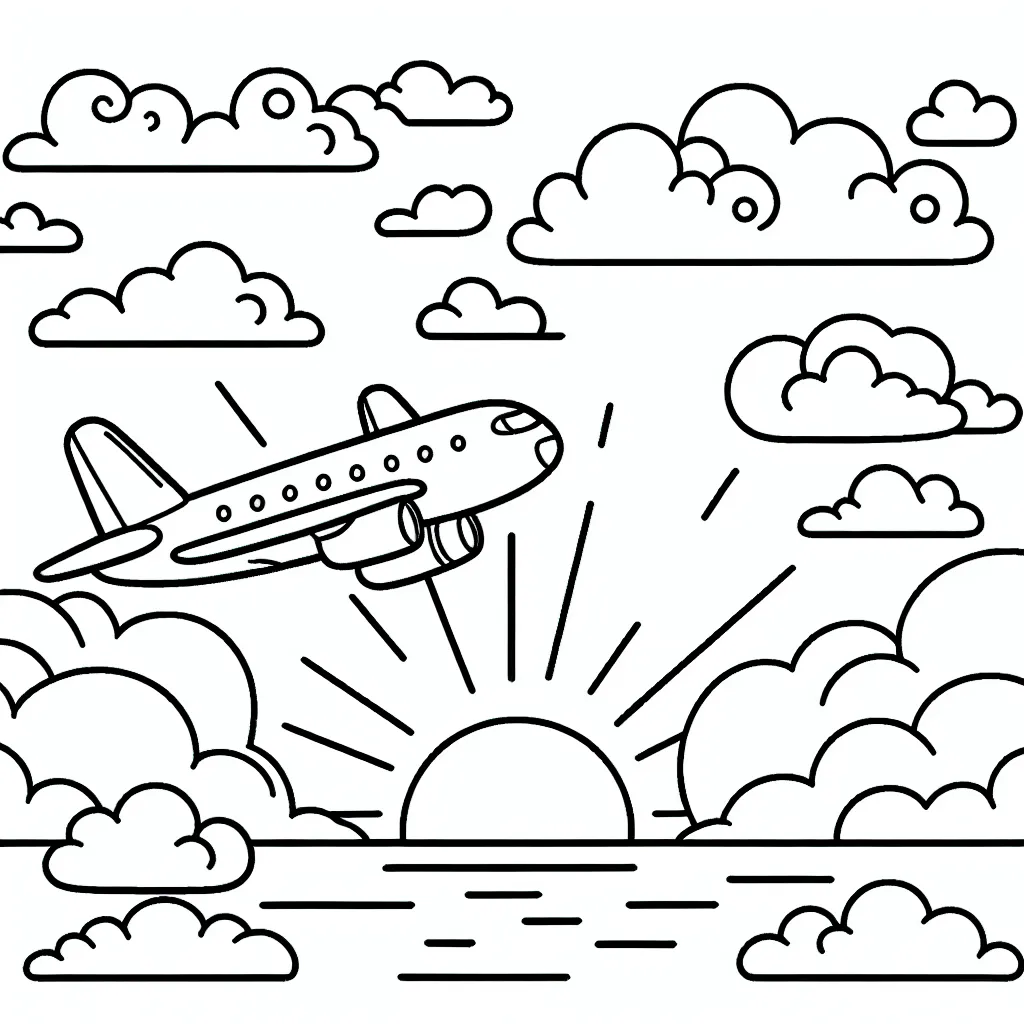 Un avion vole parmi les nuages dans le ciel, avec le soleil qui se couche à l'horizon, dessin pour enfants à colorier.