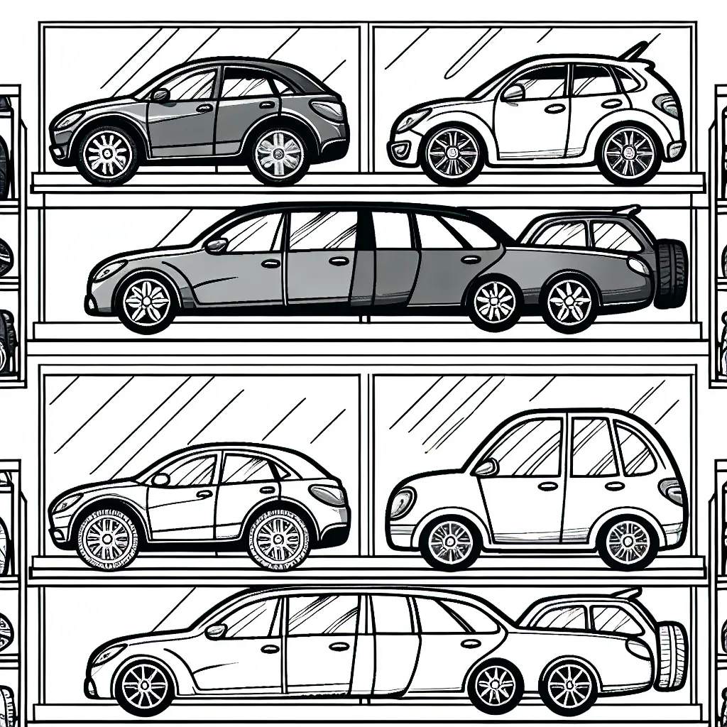 Dessine une gamme de voitures par marques différentes. Posées côte à côte dans une vitrine de concession, ces voitures de marques telles que Renault, Peugeot, Mercedes, Audi et BMW attendent d'être colorées. N'oublie pas de détailler les logos de chaque marque sur les voitures !