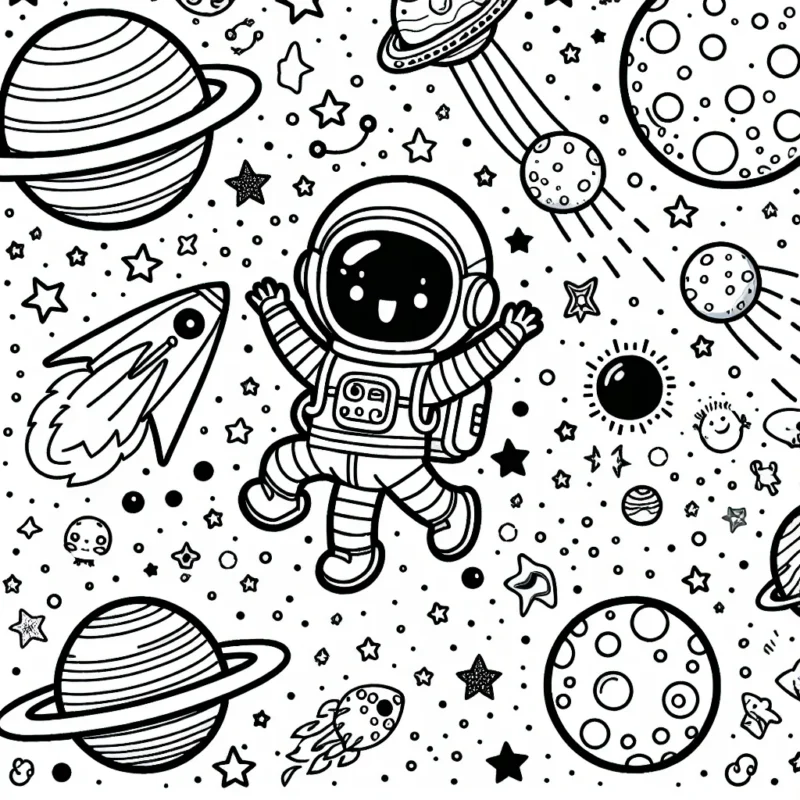Un jeune astronaute explore l'univers étoilé, souriant alors qu'il vole de planète en planète. Chaque planète est unique avec différentes formes, tailles et motifs. Il y a aussi une variété de vaisseaux spatiaux, étoiles filantes, comètes et aliens amusants à colorer.