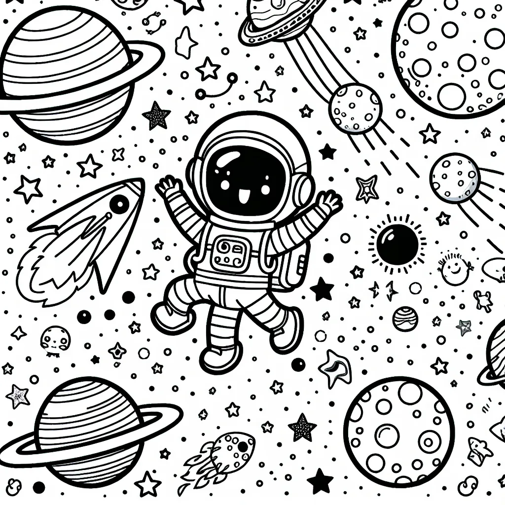 Un jeune astronaute explore l'univers étoilé, souriant alors qu'il vole de planète en planète. Chaque planète est unique avec différentes formes, tailles et motifs. Il y a aussi une variété de vaisseaux spatiaux, étoiles filantes, comètes et aliens amusants à colorer.