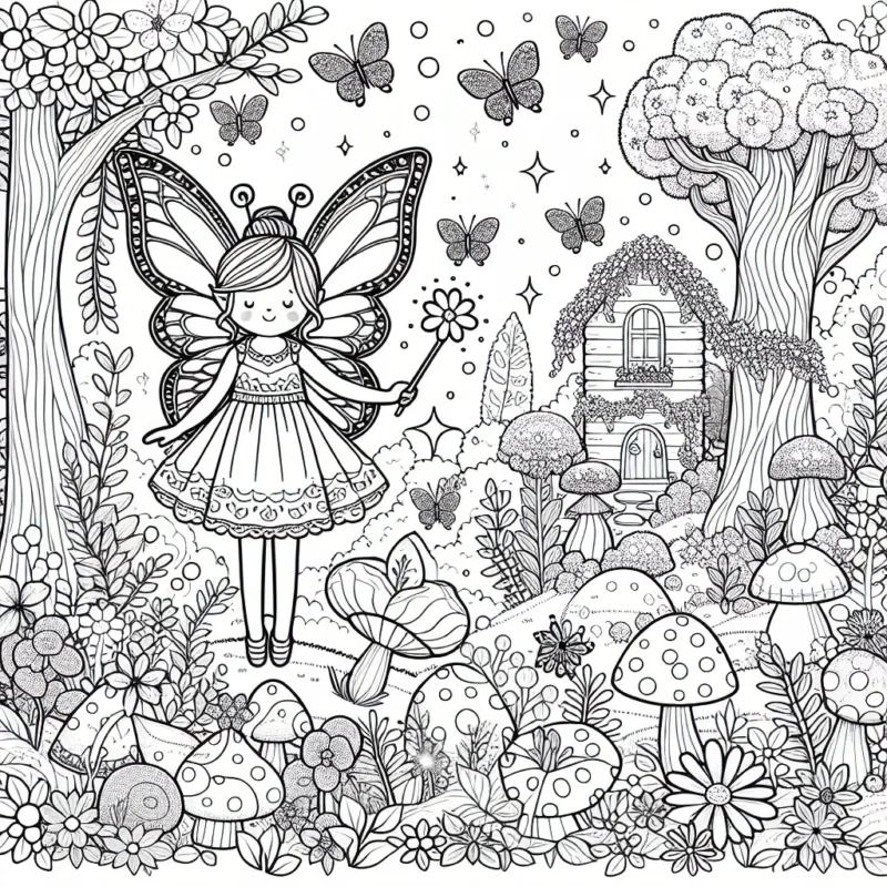Un magnifique royaume de fées au cœur d’une forêt enchantée. Le dessin représente une gentille fée aux ailes de papillon, habillée d'une robe féerique, tenant une baguette magique. Autour d'elle, il y a une flore luxuriante composée de fleurs multicolores, de champignons magiques et d'arbres parlants. Il y a aussi sa petite maison de fée construite dans un arbre. Le ciel est peuplé de petits papillons scintillants.
