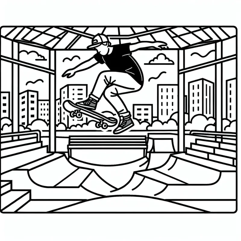 Crée un dessin montrant un skateur effectuant une cascade impressionnante dans un grand skate-park