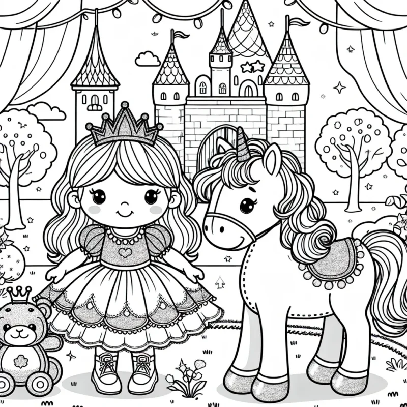 Une petite princesse avec sa couronne scintillante se tient à côté de son cheval en peluche préféré dans sa chambre de château féerique, entourée par une forêt enchantée