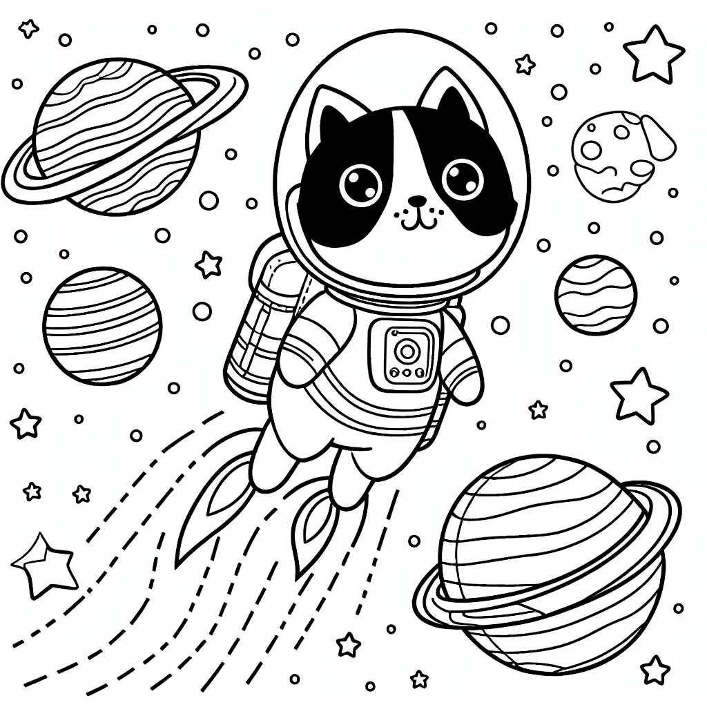 Dessine un astronaute chat volant avec une jetpack dans l'espace avec des planètes colorées autour de lui