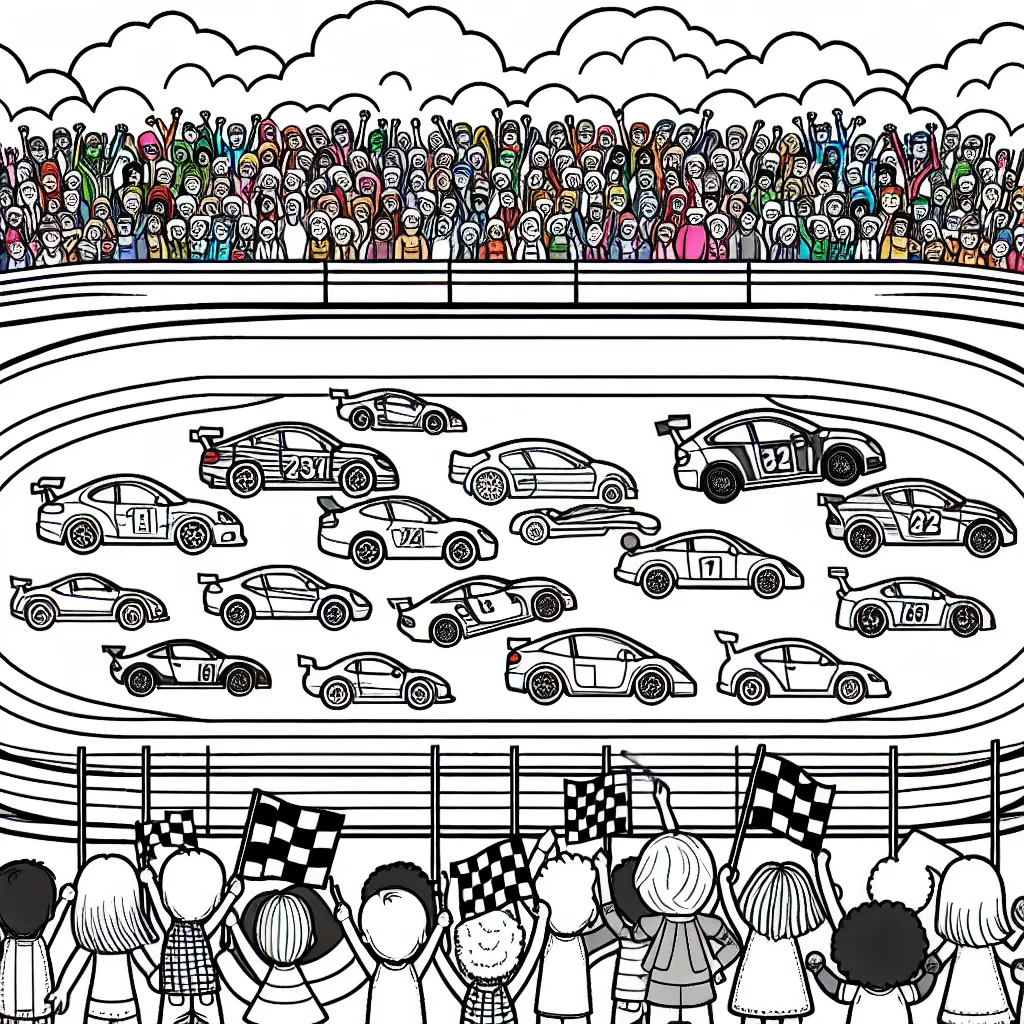 Un circuit de course avec une variété de voitures qui roulent à grande vitesse. Les voitures ont différentes formes et tailles, prêtes à être colorées avec beaucoup de couleurs vives. Il y a aussi une foule de spectateurs qui encouragent les voitures. En arrière-plan, il y a un ciel bleu clair avec quelques nuages blancs.