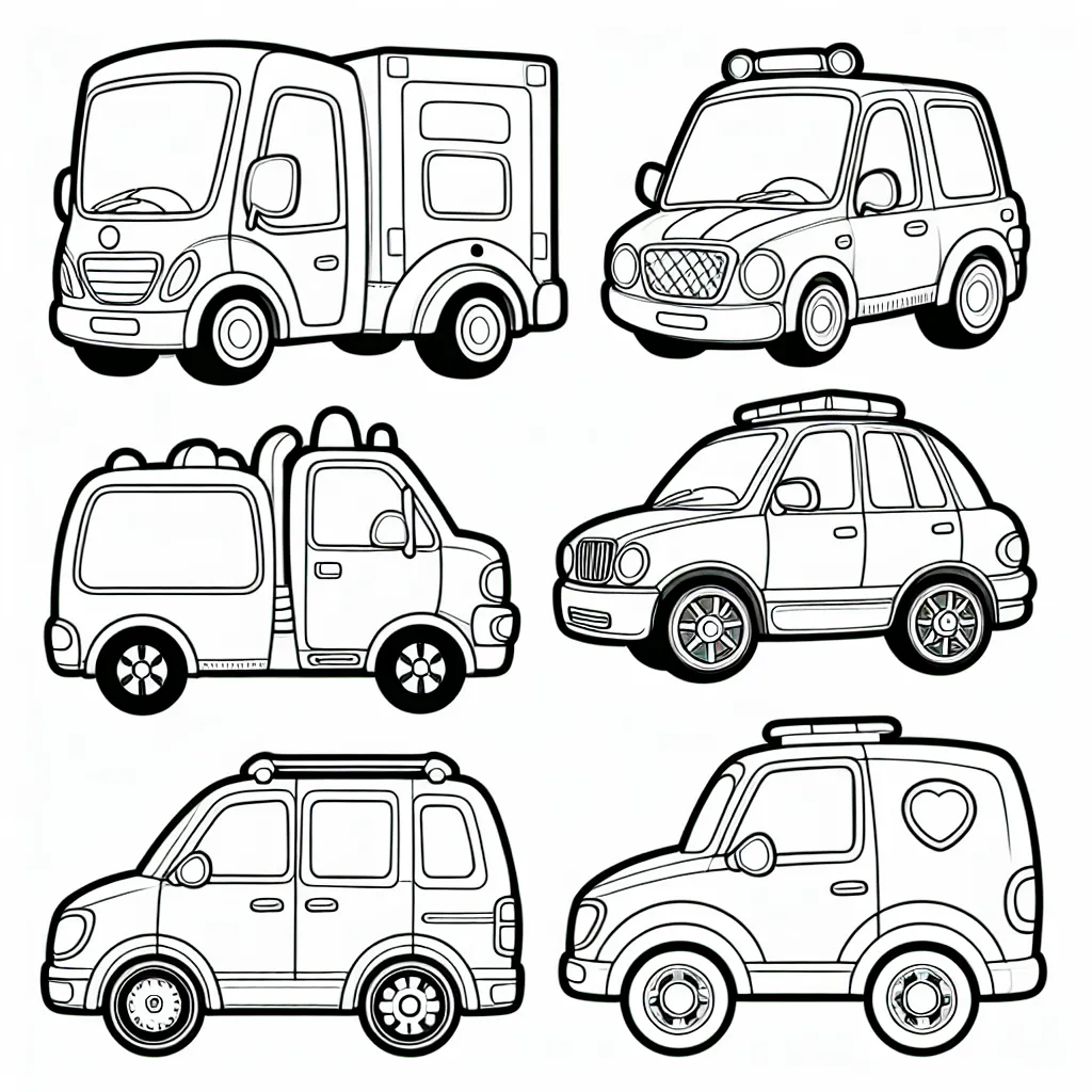 Dessine une série de voitures différentes, chaque voiture étant spécifique à une marque. Pour chaque voiture, tu devras précisément colorier les logos, les phares et les roues en suivant les codes couleurs des marques.