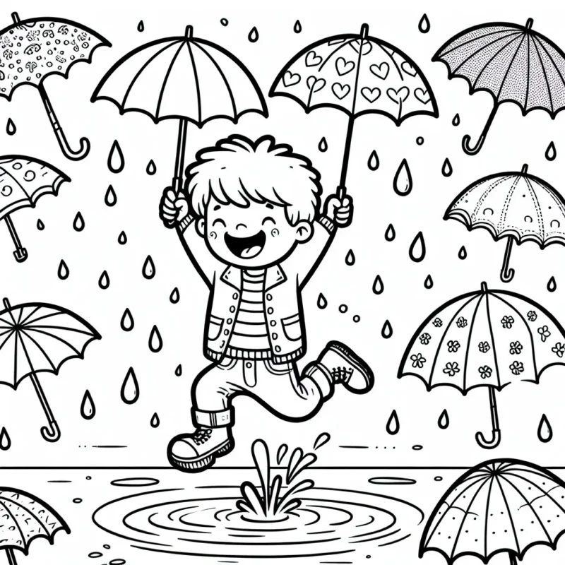 Un petit garçon intrepide sautant dans une flaque d'eau sous une pluie de printemps, entouré par un éventail coloré de parapluies.