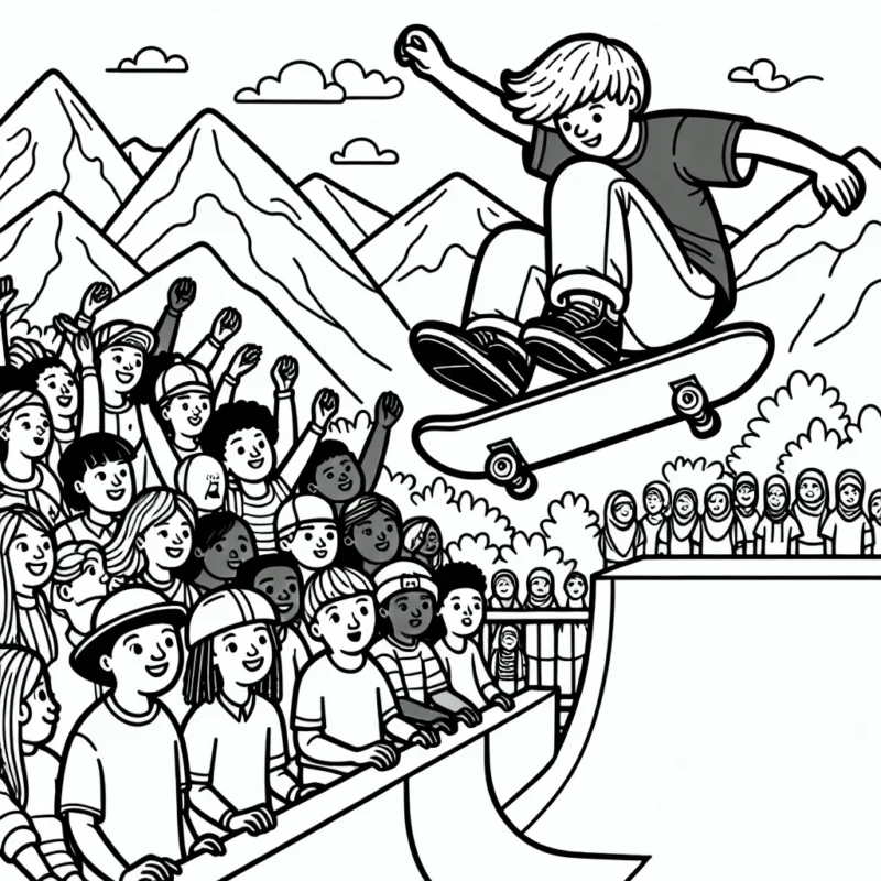 Dessine un skateur faisant un saut impressionnant sur une rampe dans un parc de skate avec des montagnes en arrière-plan, entouré de spectateurs émerveillés.