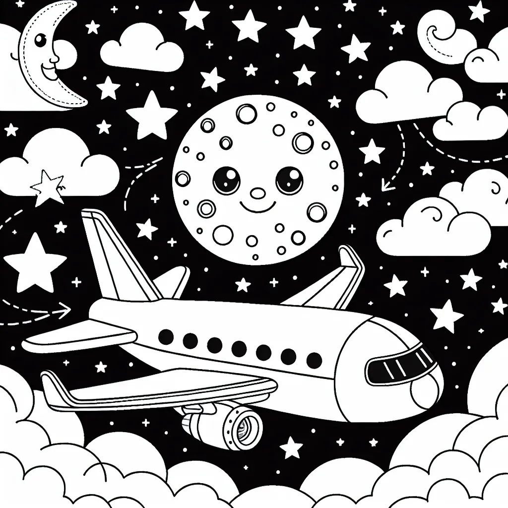 Dans ce dessin, il y a un avion qui traverse le ciel étoilé. L'avion a de grandes ailes, un nez brillant et une queue pointue. Chaque étoile brille d'une lumière différente et une grande lune sourit dans le ciel. Savais-tu que chaque avion a une signalisation unique? Remplis ce dessin avec tes nuances préférées et donne vie à ce beau spectacle nocturne.