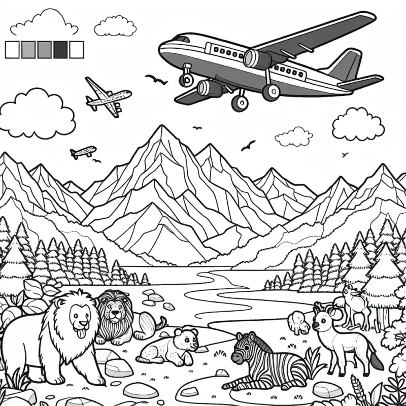 Un avion survole un magnifique paysage de montagnes avec des animaux sauvages ci-dessous.