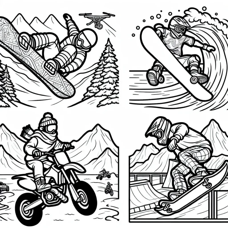 Aventures sportives extrêmes : un snowboarder audacieux faisant un saut périlleux sur une montagne enneigée, un surfeur courageux surfant sur une vague énorme, un intrépide motocross rider s'attaquant à un parcours accidenté et un skateur aérien exécutant un trick audacieux sur un skatepark.