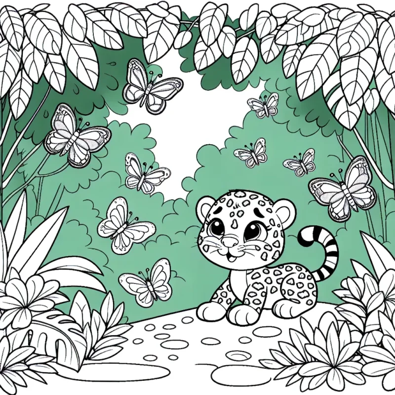 Dans un paysage de jungle luxuriante, un petit léopard espiègle joue avec des papillons multicolores. Dessine ce moment joyeux entre l'animal et ces insectes délicats.