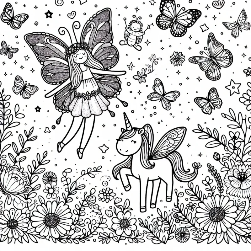 Créez votre propre jardin féérique avec notre petite fée aux ailes scintillantes, entourée de papillons colorés, de fleurs épanouies et d'une mystérieuse licorne.
