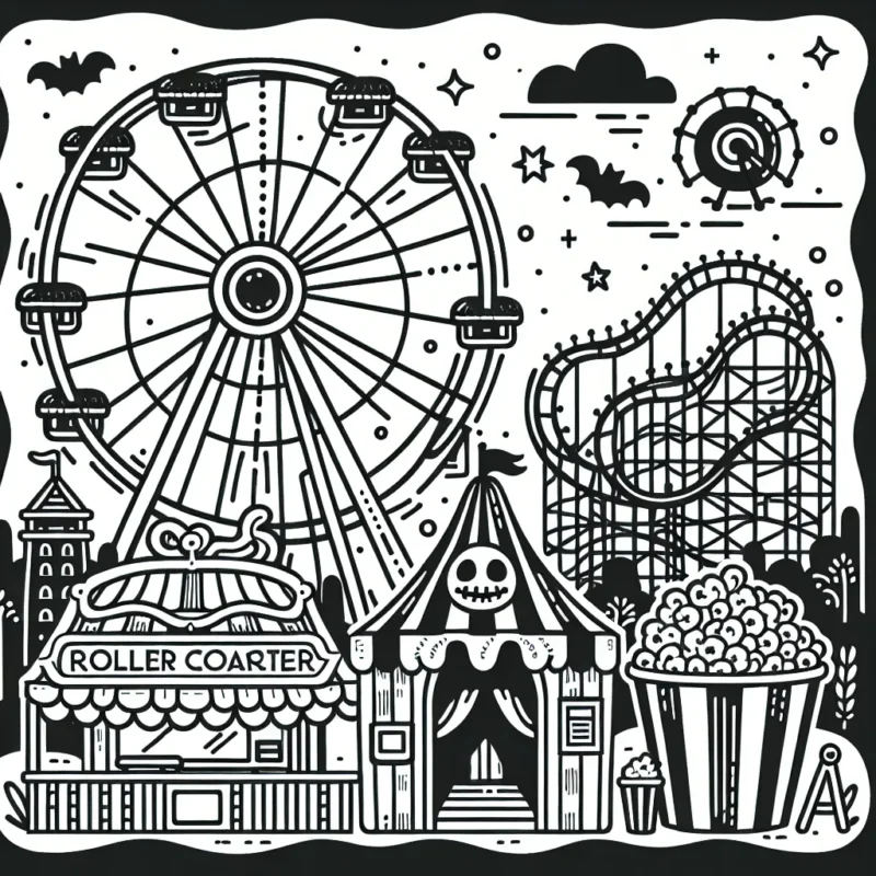 Une scène animée d'un parc d'amusement avec une grande roue, des montagnes russes, une maison hantée et des kiosques à popcorn