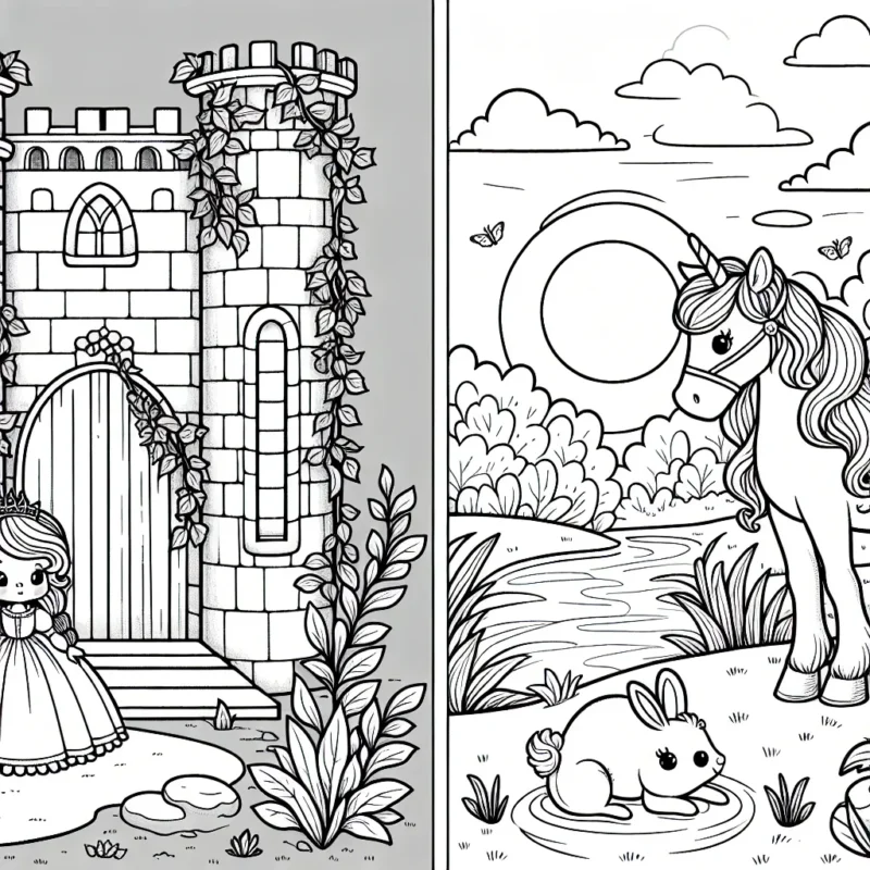 Une petite princesse est assise dans une grande tour de château enjolivée de lierre, et observe le coucher du soleil, tandis qu'un cheval à la crinière magnifiquement bouclée et un petit lapin jouent près d'un ruisseau.