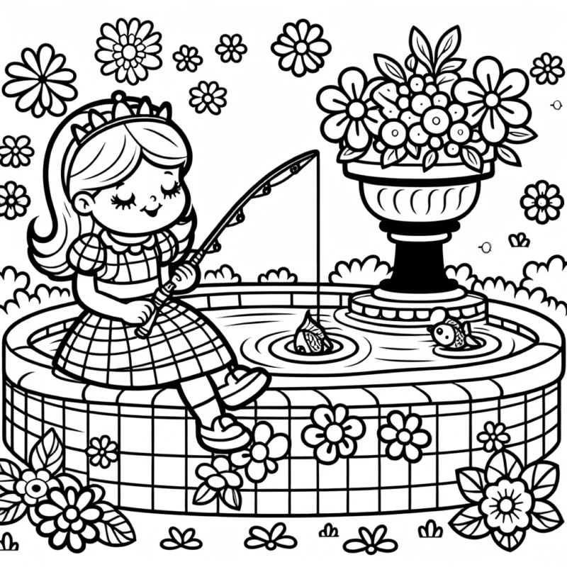 Une petite princesse assise près d'une fontaine ornée de fleurs, tenant une canne à pêche et essayant de pêcher dans le bassin de la fontaine.
