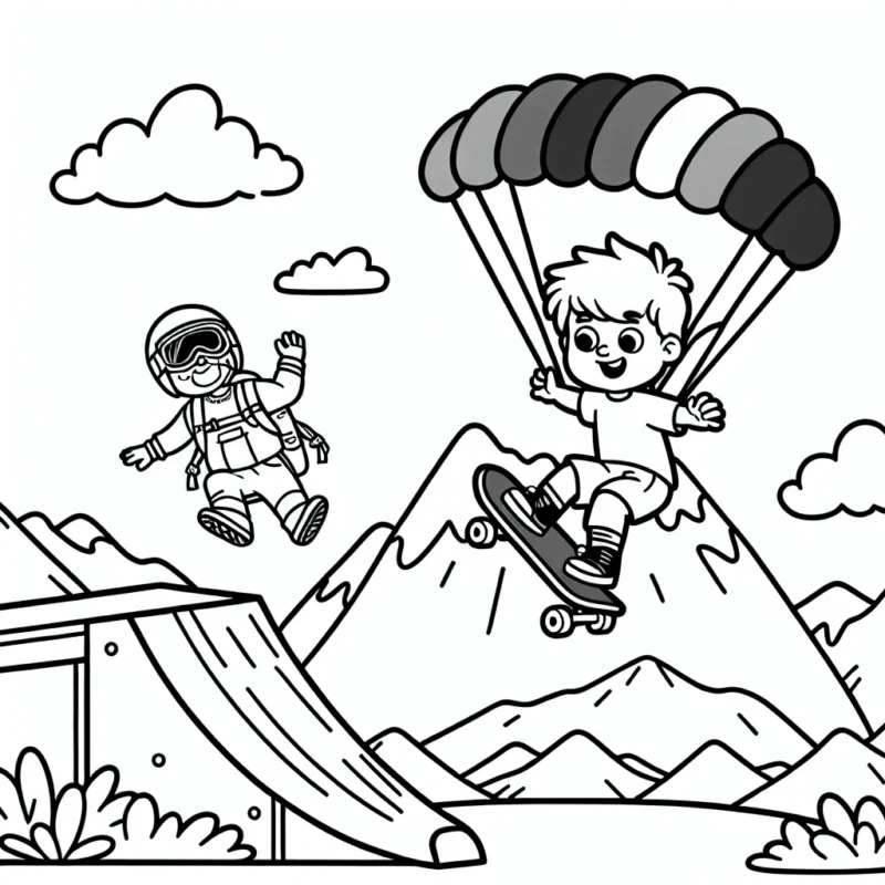 Un jeune aventurier exécute une figure audacieuse en skate sur une rampe montagneuse, avec un parachutiste en plein saut en arrière-plan.