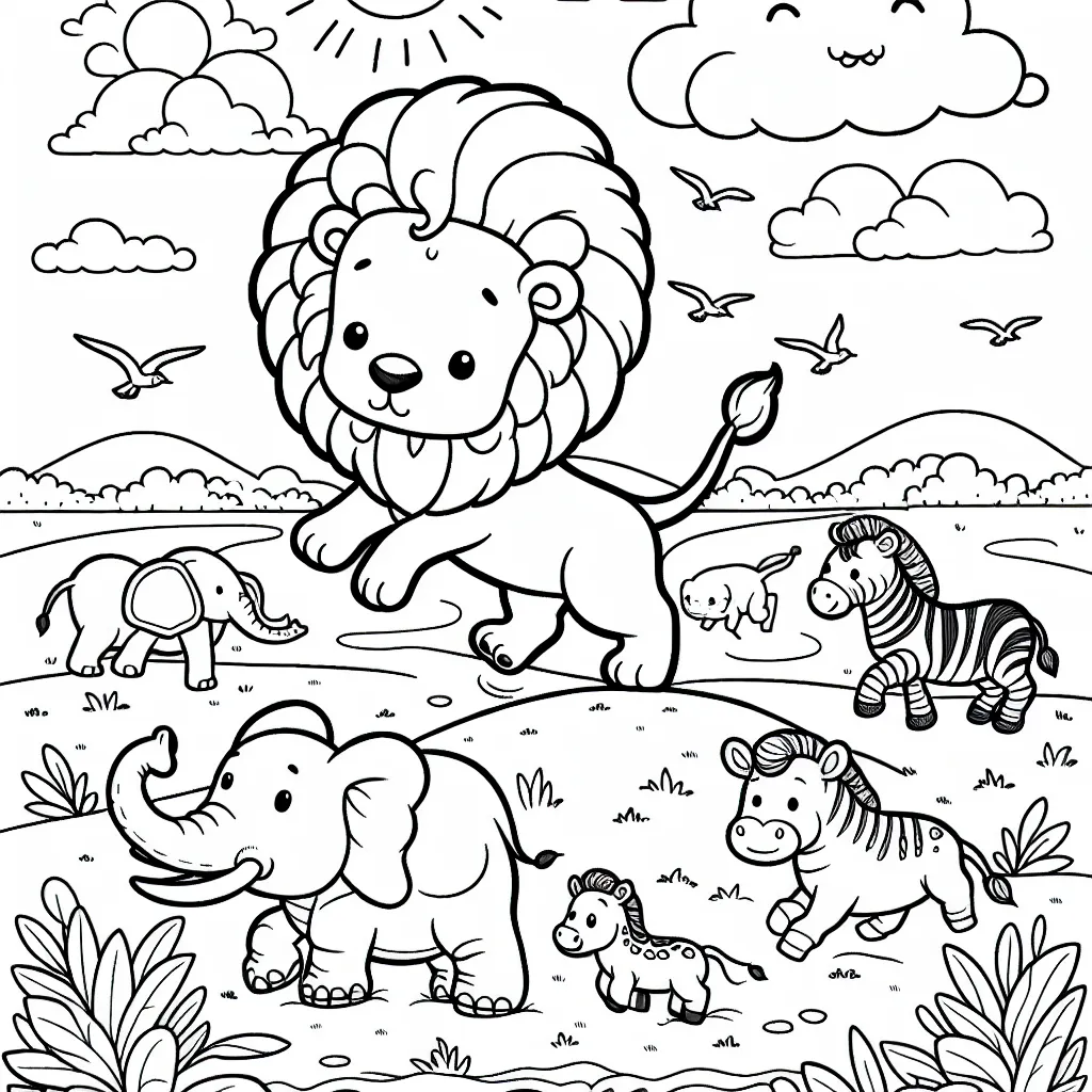 Sur une large savane africaine, il y a un jeune lion courageux qui participe à une grande aventure. Il est entouré d'autres animaux majestueux tels qu'un éléphant, un zèbre et un hippopotame. Dessine et colorie leur superbe histoire !